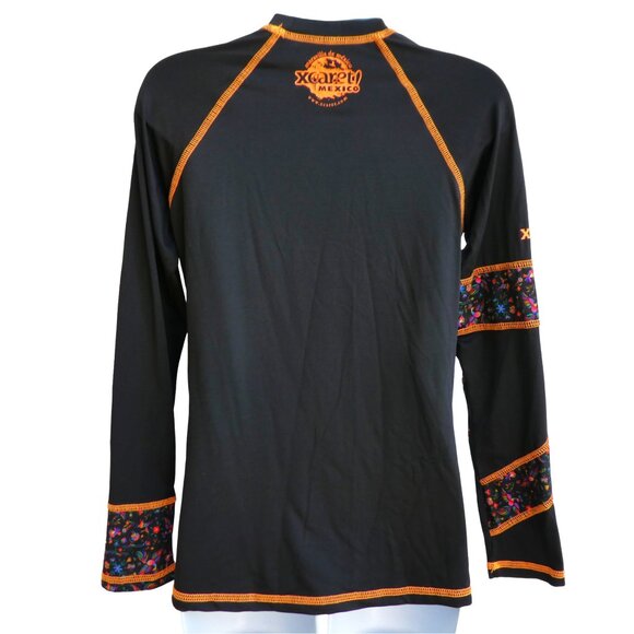 Xcaret Mexico Rashguard  Black Orange Floral Panel Sun Protection Water Park L - Picture 3 of 7
